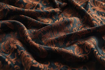 Poster - An elegant close-up of dark teal and copper brocade fabric, showcasing its intricate floral damask pattern and rich, textured folds with a luxurious and vintage aesthetic appeal.