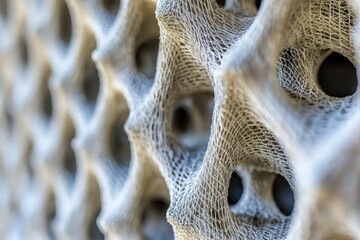 Poster - An abstract close-up of a porous white structure with regular, repeating patterns creating organic-looking shapes and interesting textures, for design and background use.