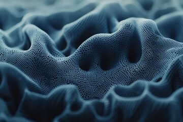 Poster - A detailed, wavy blue fabric with an intricate net-like pattern, creating a complex texture and emphasizing the play of light and shadow across its surface.