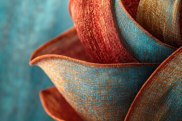 Poster - Abstract close-up of textured ribbon in red and turquoise hues, creating dynamic patterns and a modern, artistic background with rich details.