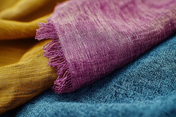 Poster - Close-up shot of colorful woven scarves in shades of yellow, purple and blue, creating a textured background with intricate patterns and a vibrant color palette.