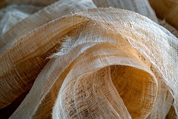 Poster - Abstract close-up of draped woven fabric with a delicate texture and warm, earthy tones, creating soft, flowing lines and an organic, artistic composition.
