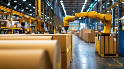 Poster - advanced automation in modern industrial warehouse with robotic arm handling packages in efficiently