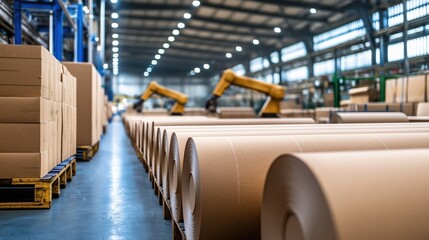 Aufkleber - Industrial Warehouse with Robotic Arms Handling Large Rolls of Cardboard in a Modern Facility