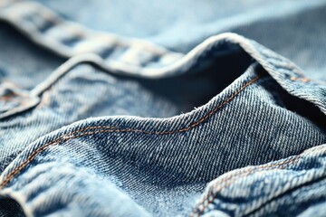 Poster - Close-up of light blue denim fabric with visible stitching, showcasing the texture and detail of the classic textile, perfect for backgrounds.