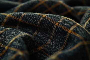 Poster - Close-up shot showcasing the intricate texture and pattern of a woven fabric, featuring a classic plaid design with a soft, draped appearance and warm color tones.