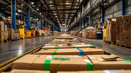 Poster - detailed view of an industrial warehouse interior with stacked cardboard boxes and organized aisles 