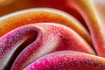 Poster - A vibrant close-up of undulating fabric with flowing folds in shades of orange, pink, and red, showing intricate textile details, modern and captivating aesthetics.