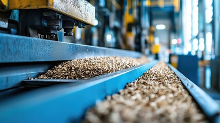 Poster - Industrial Setting with Wood Shavings on Production Line in Manufacturing Facility Showcasing High-Tech Machinery and Vibrant Workplace Environment