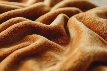 Warm and inviting close-up of a soft, golden-brown fleece blanket with gentle waves and textures, providing a cozy and comforting visual experience.