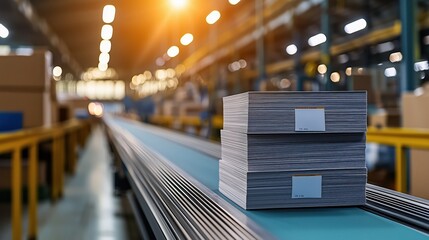 Poster - modern industrial warehouse with conveyor belt and stacked pallets in focus, showing efficient packa