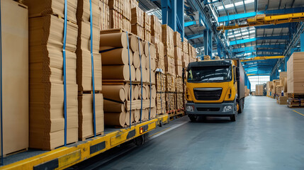 Poster - industrial warehouse with truck and stacked cardboard boxes in a storage facility highlighting the e