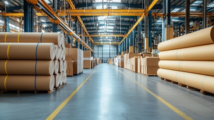 Aufkleber - Modern Industrial Warehouse Interior Featuring Stacked Paper Rolls and Empty Aisle Beneath Bright Lighting in a Manufacturing Facility