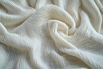 Poster - Abstract close-up of a folded, textured knit fabric, creating a soft, inviting surface, highlighting the intricate weave and creamy white color, perfect for backdrops.