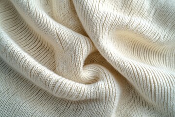 Poster - Detailed close-up of a folded cream-colored wool knit fabric, revealing the intricate texture and soft, inviting nature of the material, a cozy winter scene.