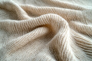 Poster - Abstract close-up of a soft beige knitted fabric, with gentle folds emphasizing the warm texture, creating an inviting and comforting atmosphere and feeling of relaxation.