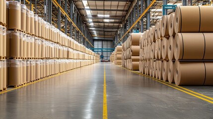Poster - industrial warehouse interior featuring rows of large cardboard rolls and open space for manufacturi