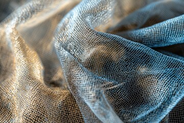 Poster - Close-up of shimmering blue and gold fishnet fabric with intricate patterns and luxurious textures, perfect for backgrounds and fashion elements.