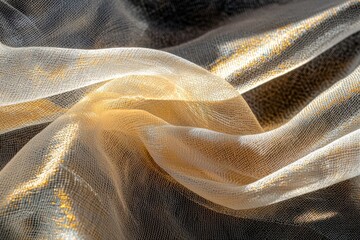 Poster - Golden and silver sheer fabric with metallic threads creating a luxurious shimmering texture, elegantly draped with soft folds and subtle light reflections.