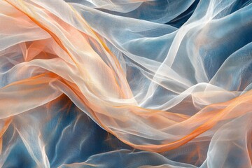 Poster - Delicate and flowing translucent fabric with soft orange and blue hues creating an elegant and airy texture with gentle curves and subtle gradients.