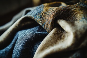Poster - Intricate woven fabric in blue, beige, and brown hues, creating a tactile texture with interlaced threads and subtle color variations, soft and cozy