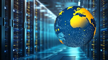 Poster - european union flag and globe concept in a modern server room showcasing global connectivity, flag o