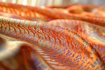 Poster - An exquisite close-up of vibrant orange fabric, adorned with intricate patterned details and subtle textures, creating a luxurious and visually captivating surface design.