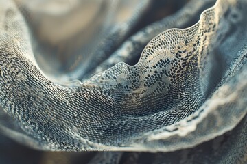 Poster - A dramatically lit close-up showcases the intricate patterns and textures of a draped, silvery fabric with delicate lacy edges, emphasizing its artistic, flowing form with muted color palette.