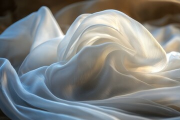 Poster - An ethereal close-up of draped white silk, revealing soft folds and delicate textures, illuminated by gentle golden light, creating a serene and luxurious ambiance.