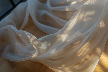 Poster - Gentle sunlight streams through sheer white fabric, creating soft shadows and highlights, showcasing delicate textures and flowing lines, evoking serenity and grace.