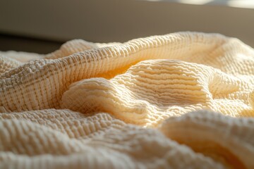 Poster - Sunlit soft yellow waffle fabric with gentle folds creates a cozy textured background, displaying warmth and subtle patterns in a calming and serene scene.