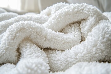 Poster - Close-up of a soft, white faux fur blanket, creating a cozy and inviting texture, perfect for depicting comfort, warmth, and relaxation, ideal for a calming, gentle atmosphere.