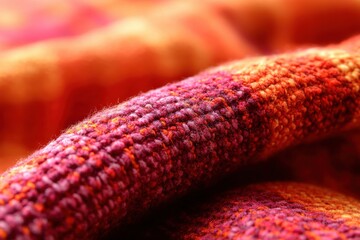 Poster - Detailed close-up of a vibrant knitted fabric in shades of red, orange, and pink, showcasing its intricate texture and warm, inviting feel, soft and cozy vibes.