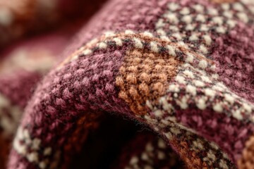 Poster - Detailed macro shot of a textured wool fabric with a plaid pattern in shades of burgundy, beige, and brown, highlighting the intricate weave and warm colors evoking autumn.