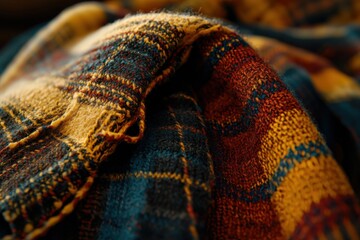 Poster - Close-up shot of a colorful, cozy, and warm wool blanket with a plaid pattern, a perfect item for comfort and decoration, showing an abstract textured design.