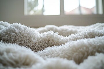 Poster - Close-up of a luxurious, soft, white shag rug bathed in natural window light, creating a cozy, inviting atmosphere with a blurry background view.