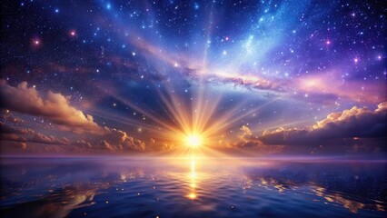 Wall Mural - A Celestial Sunrise Over Calm Waters An Enchanting Display of Starry Night and Golden Dawn Reflected in Serene Ocean