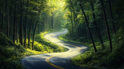 Poster - Breathtaking curvy road weaving through dense forest, cut into the hillside, with sunlight filtering through the trees