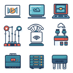 Poster - Set of 9 Vector Icons Depicting Network, Cloud Computing and Server Themes