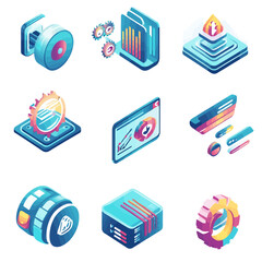 Poster - Abstract Isometric Tech Icons Representing Data Analytics and Processing