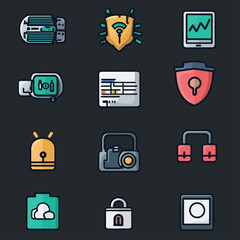 Poster - Cybersecurity and Technology Icons Representing Data and Security Measures
