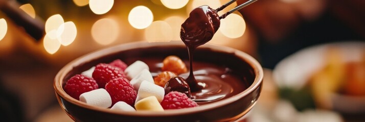 Poster - Indulging in a chocolate fondue with fresh fruits and marshmallows during a cozy gathering in the evening. Generative AI