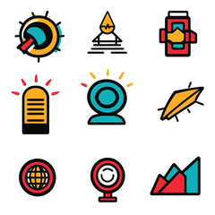 Poster - Set of line art icons featuring technology, science, and data visuals.