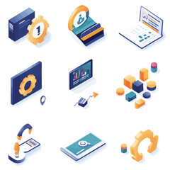 Poster - Isometric icons depict business analytics, strategy, and data visualization