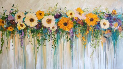 Wall Mural - acrylic-painted floral garland featuring golden marigolds and soft brush textures.