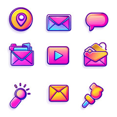 Poster - Neon Email Icons: Mail, Video, Location, Notification, and More