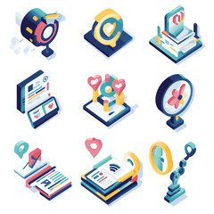 Poster - Isometric Abstract Icons of Technology and Communication in Blue and Gold