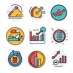 Poster - Set of nine colorful business analytics icon on a white background.