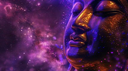 Wall Mural - A close up of a golden Buddha statue, glowing with purple and pink light, set against a starry night sky.