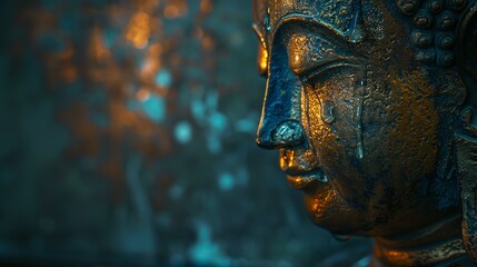 Wall Mural - A close-up shot of a bronze Buddha statue with water dripping from its face.
